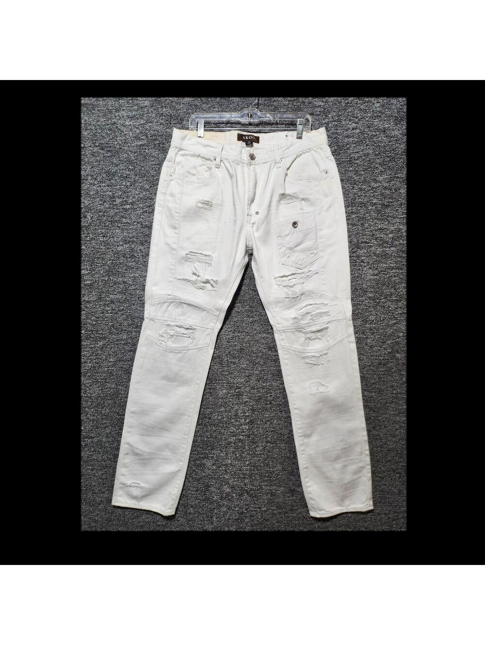 AKOO Slim Fit White Denim Jeans Button Zip Distressed 5-Pocket Logo Men